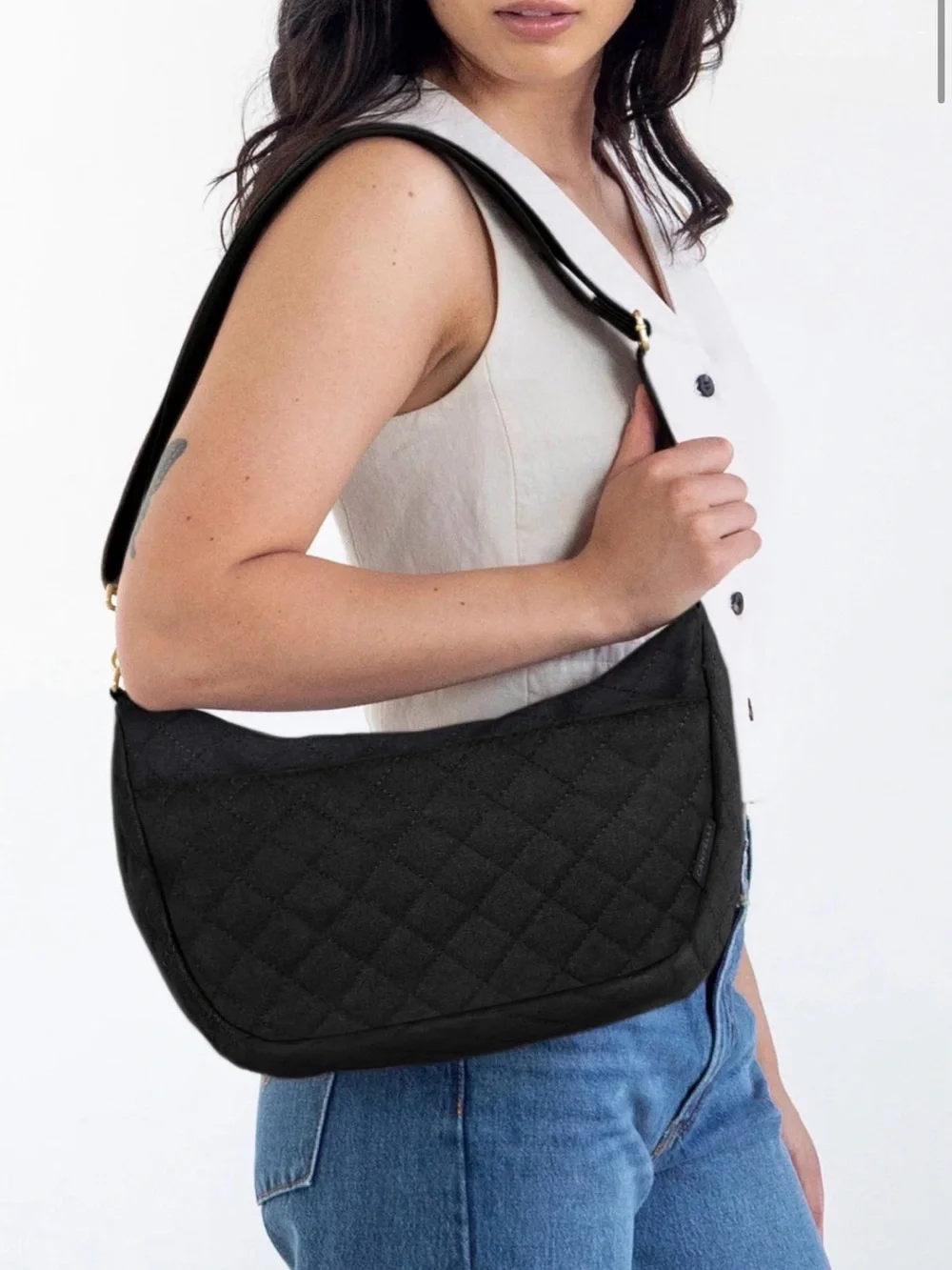 Canvelle Quilted Crescent Crossbody Bag in Black with Gold Hardware